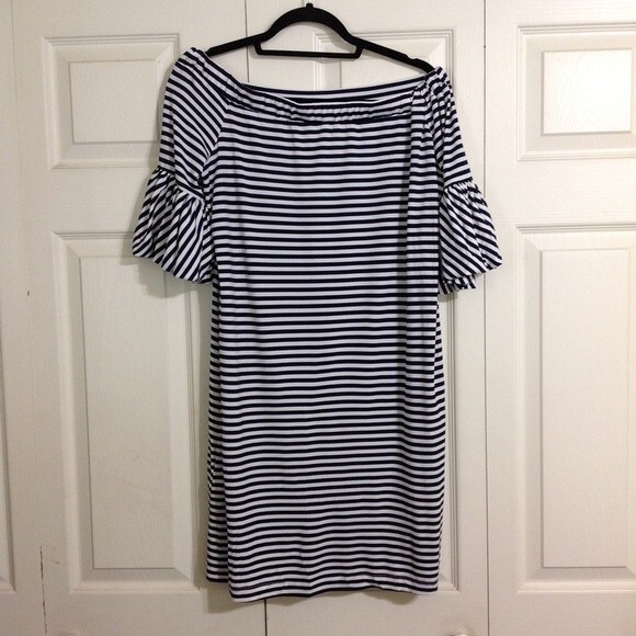 DONNA MORGAN Size 8 Navy Blue White Striped Off Shoulder Balloon Sleeve Dress - Picture 3 of 5